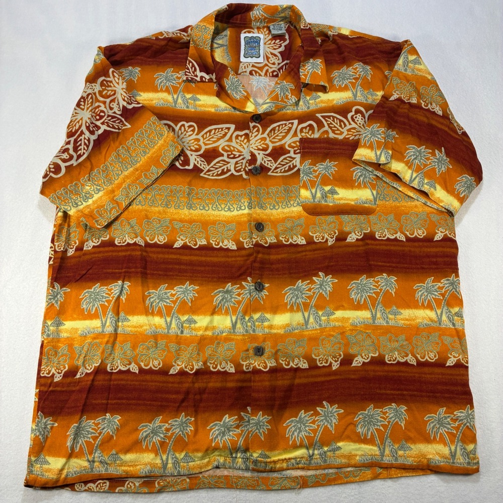 Ocean Current Vintage Tropical Palm Hibiscus Rayon Shirt Mens Large Orange Multi